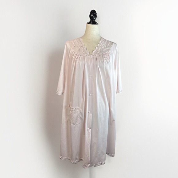 Vintage Shadowline Nylon Nightgown L Light Pink Embroidered Lace Midi Silky - Picture 1 of 16